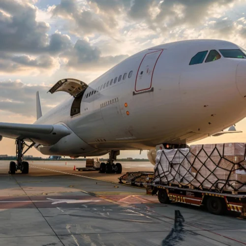 Avión de carga comercial estacionado en la pista de un aeropuerto con las compuertas abiertas mientras se prepara un remolque con mercancía.