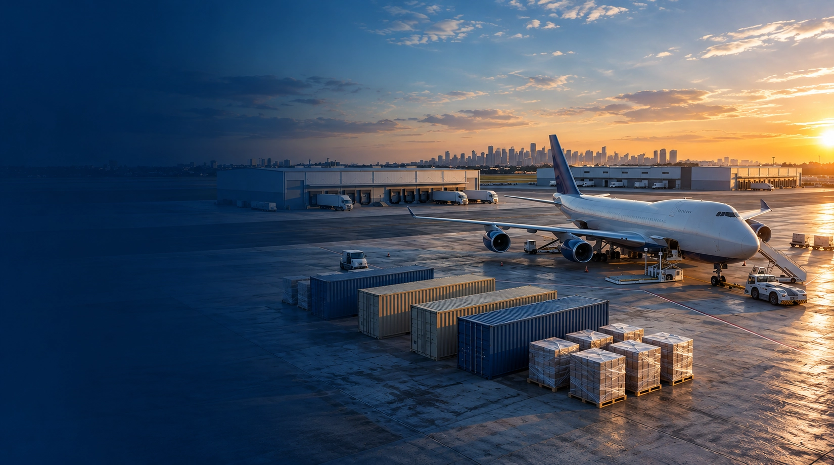 Banner panorámico de plataforma logística aeroportuaria con avión de carga comercial, contenedores marítimos y pallets empaquetados al atardecer.