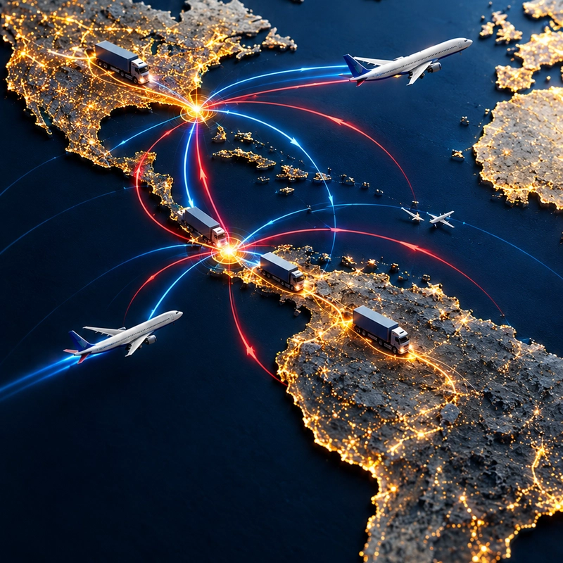 Mapa en relieve del continente americano ilustrando conexiones de logística global con rutas iluminadas, aviones comerciales y camiones de carga.